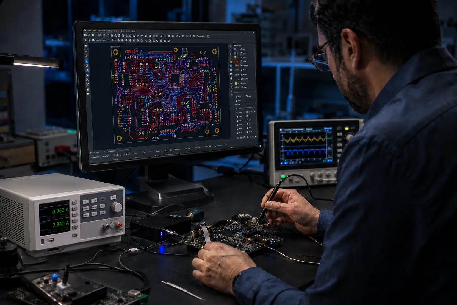 Ingegnere che confronta un progetto PCB con il prototipo